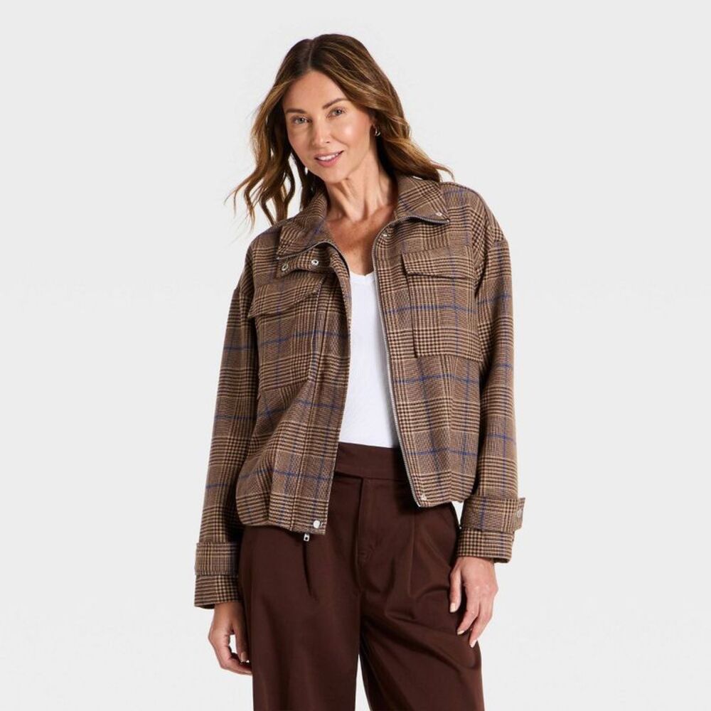 Women's Plaid Funnel Neck Field Jacket - A New Day Brown M